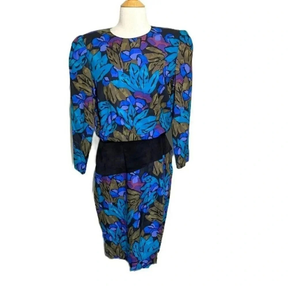 St. Gillian Silk Floral Midi Dress 12 Blue Vintage 80s Padded Shoulder Dress